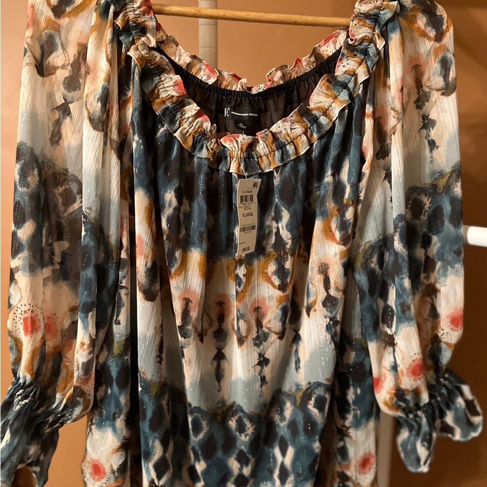 INC International Concepts Multicolor Floral Blouse Teal, Ivory and Sienna brown